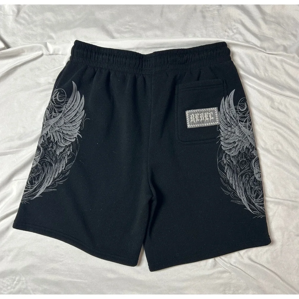 Rebel Vengeance Mens XL Black Graphic Wing Sword Sweat Shorts Streetwear Gothic - Picture 2 of 14